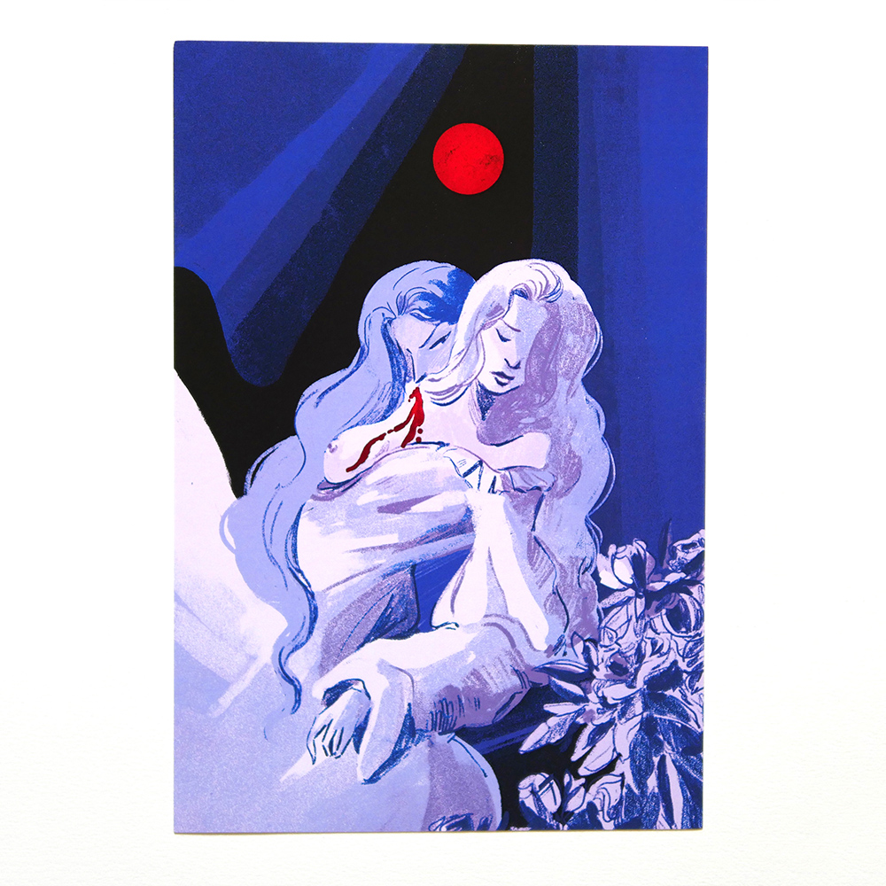Art print | Tirage imprimé A4 d'une illustration LGBT / Queer d'une femme et d'une vampire disponible à la vente sur boutique en ligne à Aurillac dans le Cantal. Représentation gothique de l'amour lesbien.