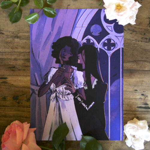 Art print | Tirage imprimé A4 d'une i'llustration LGBT / Queer d'une femme et d'une vampire disponible à la vente sur boutique en ligne