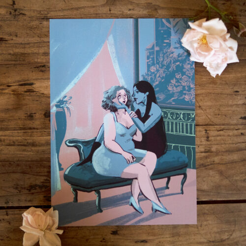 Art print | Tirage imprimé A4 d'une i'llustration LGBT / Queer d'une femme et d'une vampire disponible à la vente sur boutique en ligne à Aurillac (Cantal)