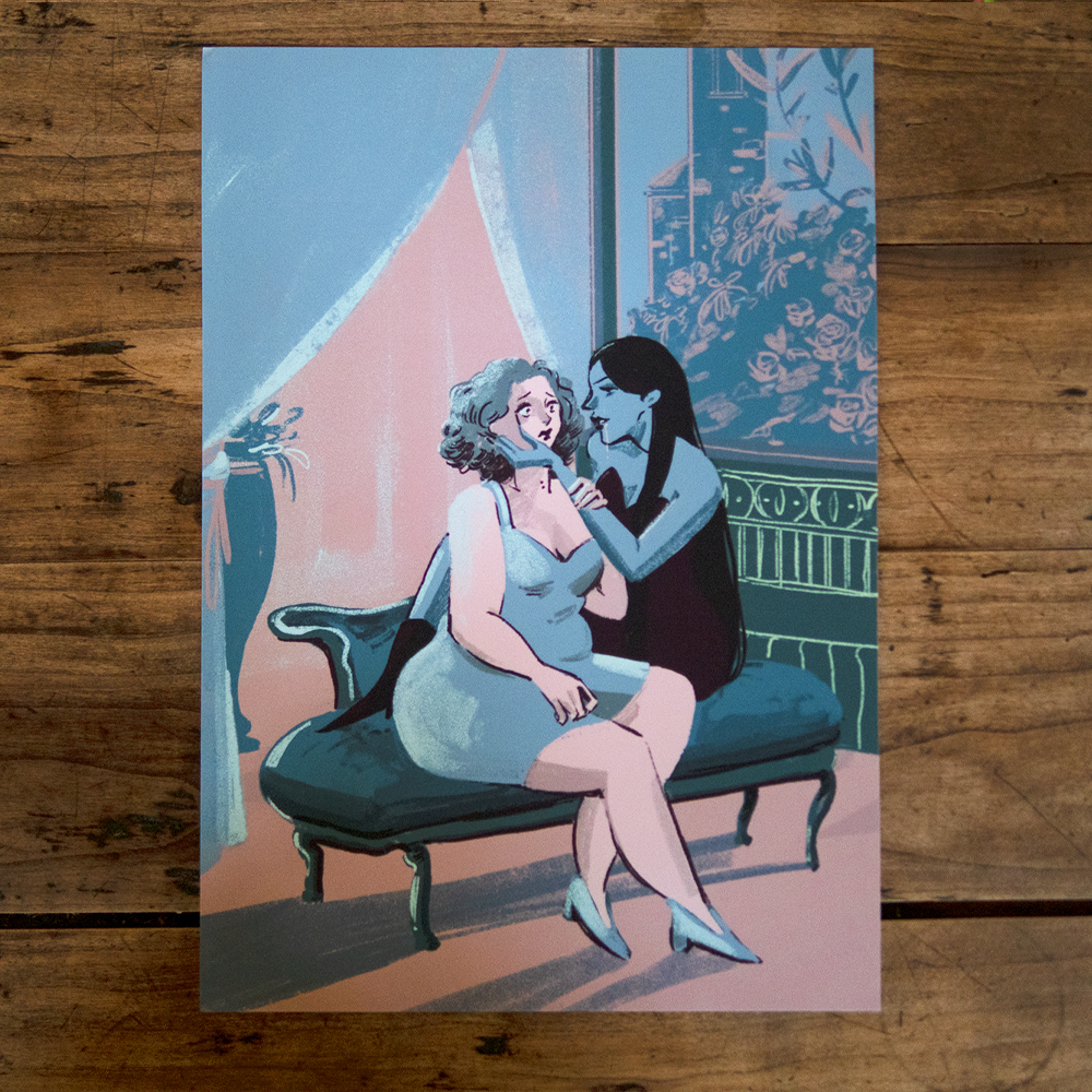 Art print | Tirage imprimé A4 d'une i'llustration LGBT / Queer d'une femme et d'une vampire disponible à la vente sur boutique en ligne à Aurillac (Cantal)