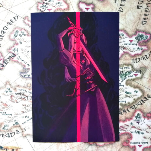 Art print | Tirage imprimé A5 d'une femme chevalier avec une épée disponible à la vente sur boutique en ligne