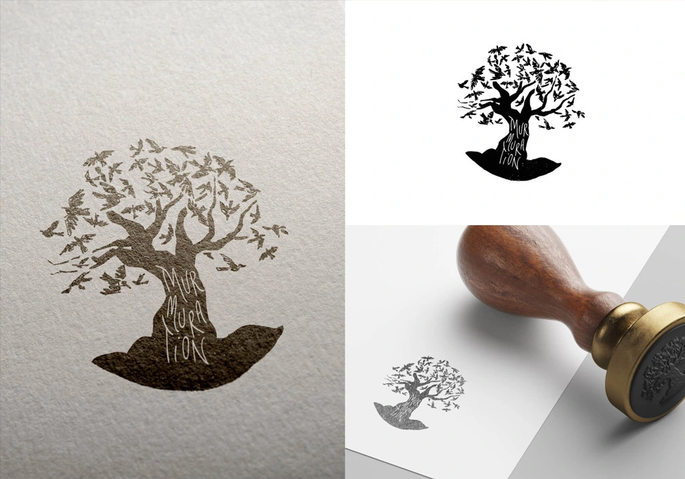 Création de logo Ex-libris d'un arbre avec une nuée d'oiseaux en guise de feuillage pour une maison d'édition indépendante. Réalisation par une graphiste freelance à Aurillac dans le Cantal. Studio de design et graphisme indépendant.