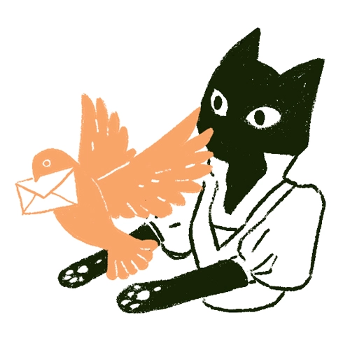 Chat et pigeon voyageur. Illustration réalisée pour boutique d'art en ligne à Aurillac Cantal. Illustration pour envoi de lettres colis et marchandises.