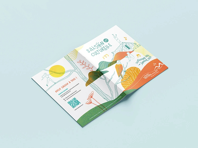 Création d'une brochure mettant en avant l'identité visuelle illustrée de cette saison culturelle et proposant une mise en page moderne. Réalisation par une graphiste freelance à Aurillac dans le Cantal. Studio de design et graphisme indépendant.