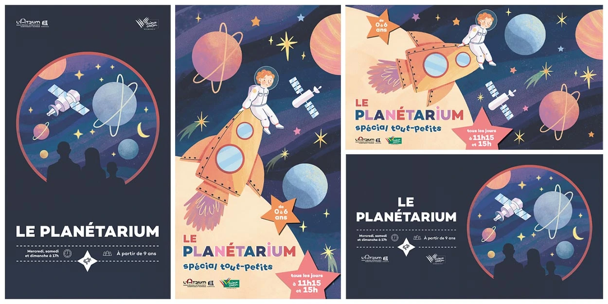 Création de deux illustrations pour le planétarium de l'Atrium Normandie à Rouen, une destinée aux enfants et une destinée à un large public. Réalisation par une graphiste freelance à Aurillac dans le Cantal. Studio de design et graphisme indépendant.