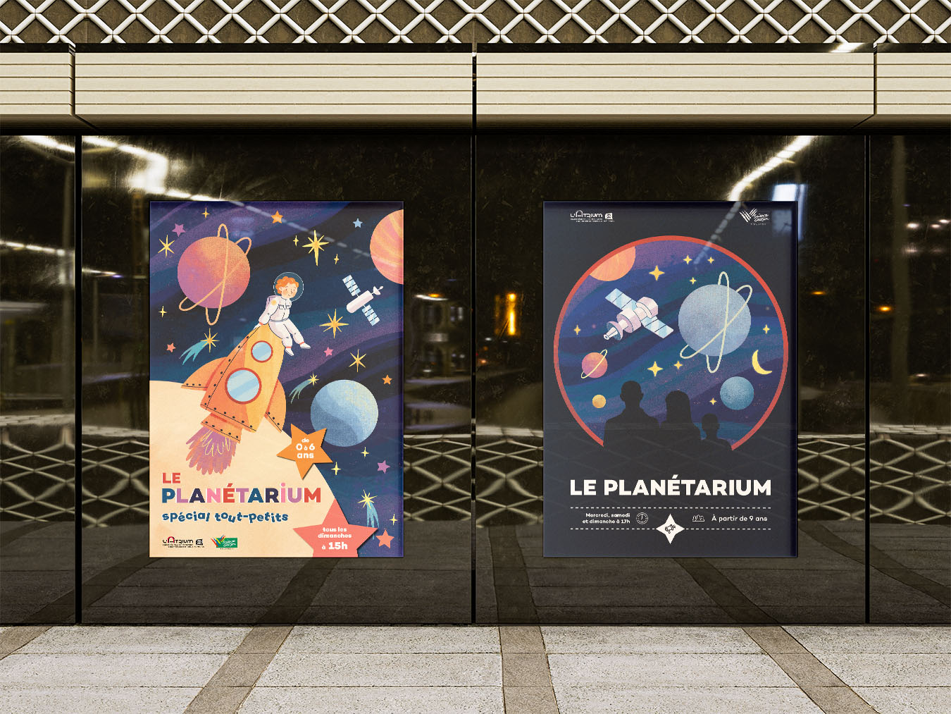 Création de deux illustrations pour le planétarium de l'Atrium Normandie à Rouen, une destinée aux enfants et une destinée à un large public. Réalisation par une graphiste freelance à Aurillac dans le Cantal. Studio de design et graphisme indépendant.