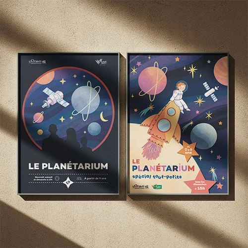 Création de deux illustrations pour le planétarium de l'Atrium Normandie à Rouen, une destinée aux enfants et une destinée à un large public. Réalisation par une graphiste freelance à Aurillac dans le Cantal. Studio de design et graphisme indépendant.
