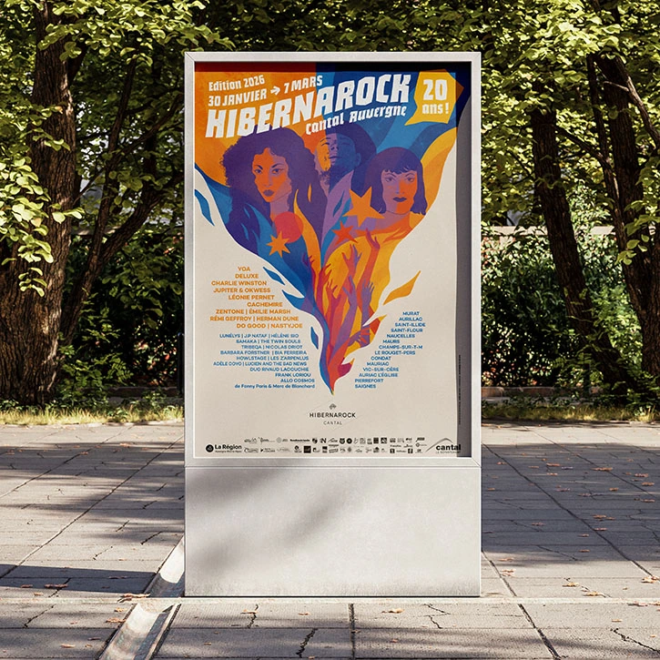 Affiche de festival illustrée pour l'évènement Hibernarock 2026 - Un festival de musique actuelles dans le Cantal Graphisme, illustration et mise en page