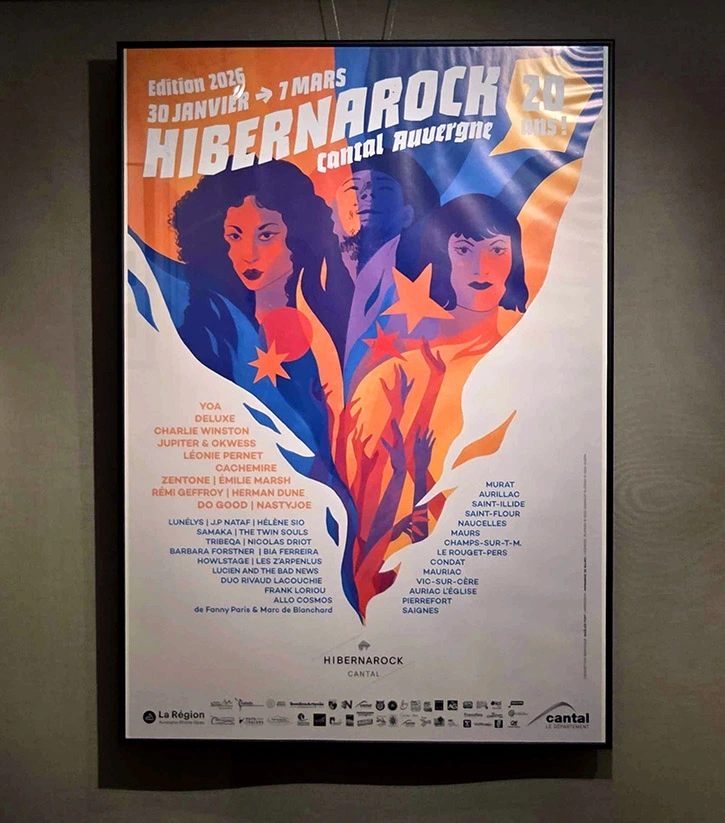 Affiche de festival illustrée pour l'évènement Hibernarock 2026 - Un festival de musique actuelles dans le Cantal Graphisme, illustration et mise en page