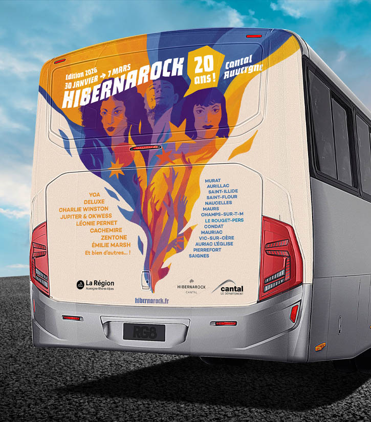 Affiche de festival illustrée pour l'évènement Hibernarock 2026 - Un festival de musique actuelles dans le Cantal Déclinée sur un derrière de bus