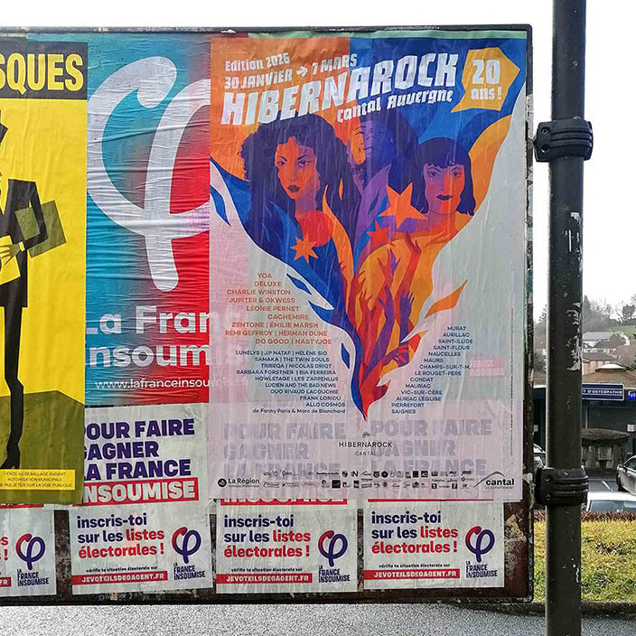 Affiche de festival illustrée pour l'évènement Hibernarock 2026 - Un festival de musique actuelles dans le Cantal Graphisme, illustration et mise en page